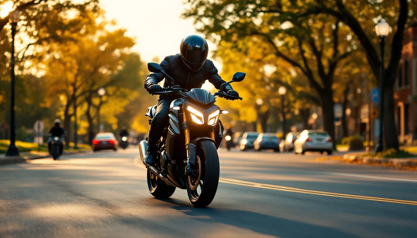 Motorcycle rider in full gear on a black sportbike riding down a tree-lined city street