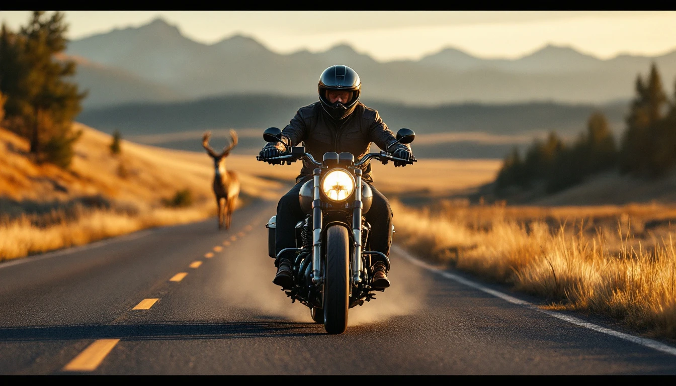 motorcycle with rider on a Montana highway with a deer visible in the background
