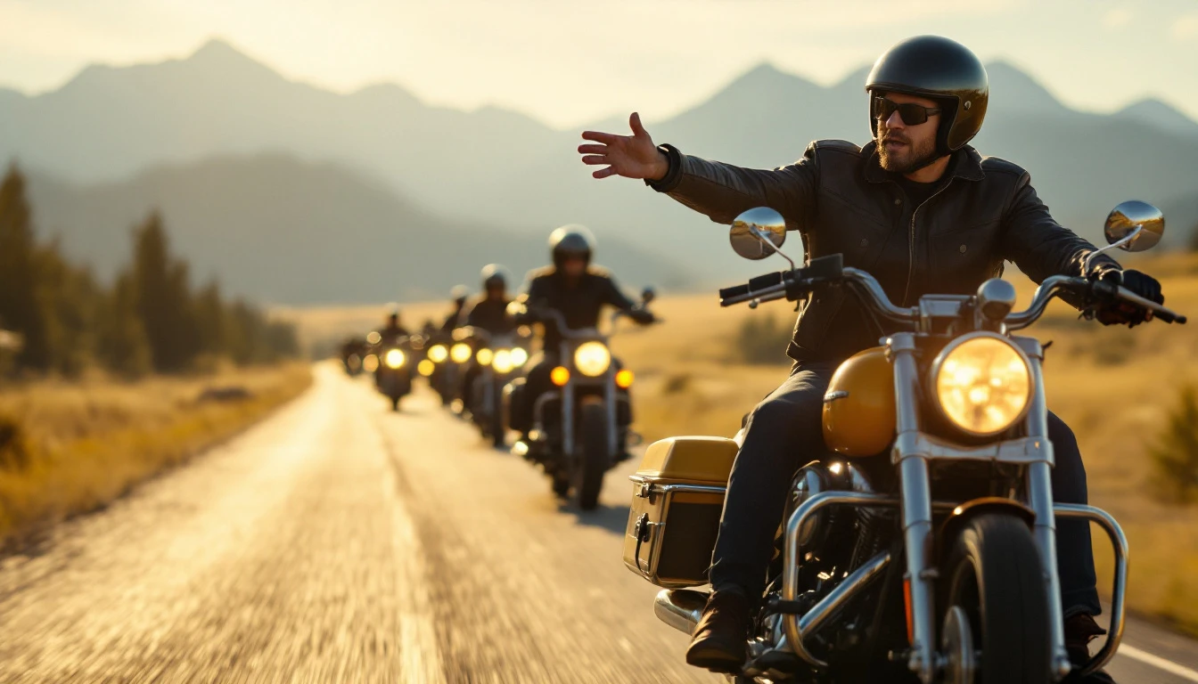 A line of motorcycle riders cruising together on a sunny day, lead rider signaling with an outstretched arm.