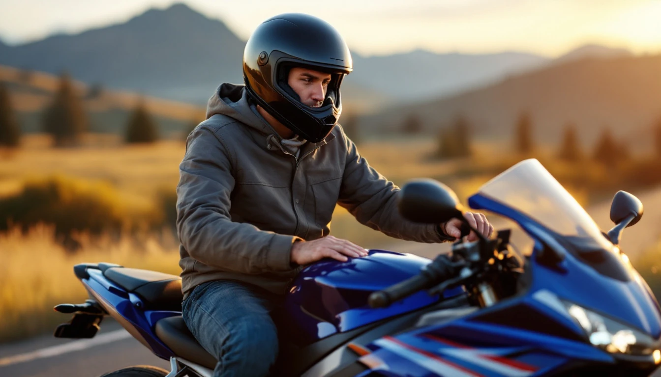 A motorcyclist fastens his motorcycle safety helmet while seated on a blue sport bike, emphasizing the importance of protective gear before riding.