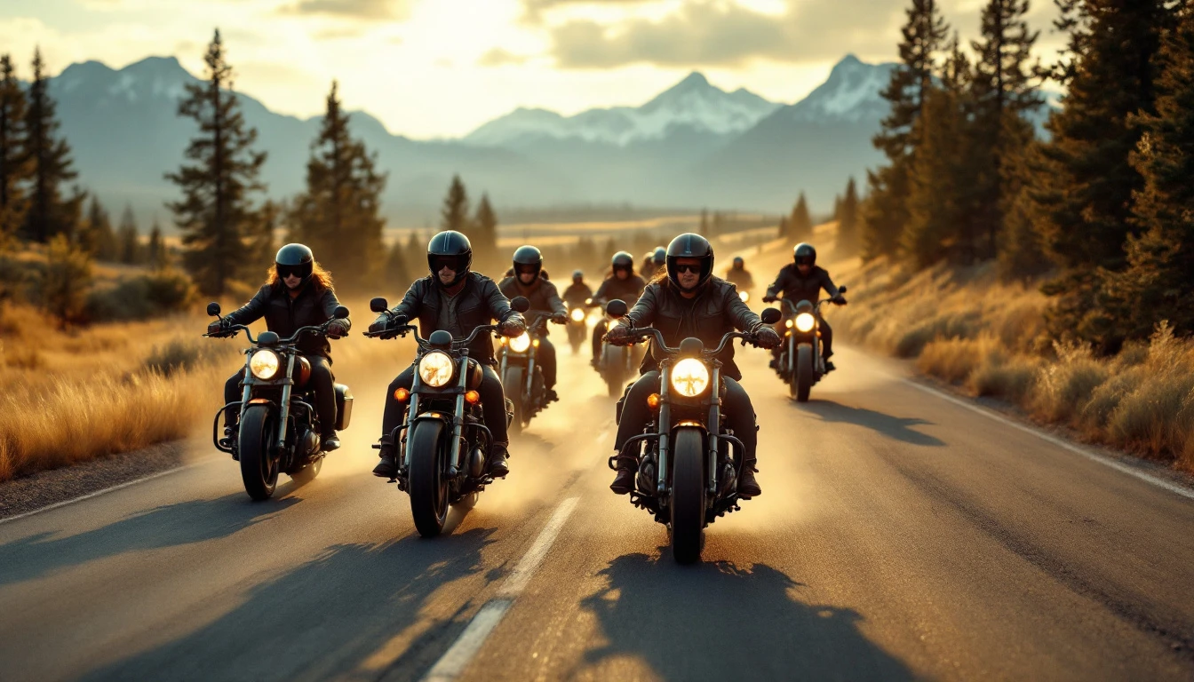 group of motorcyclists riding staggered formation on a scenic road in Montana