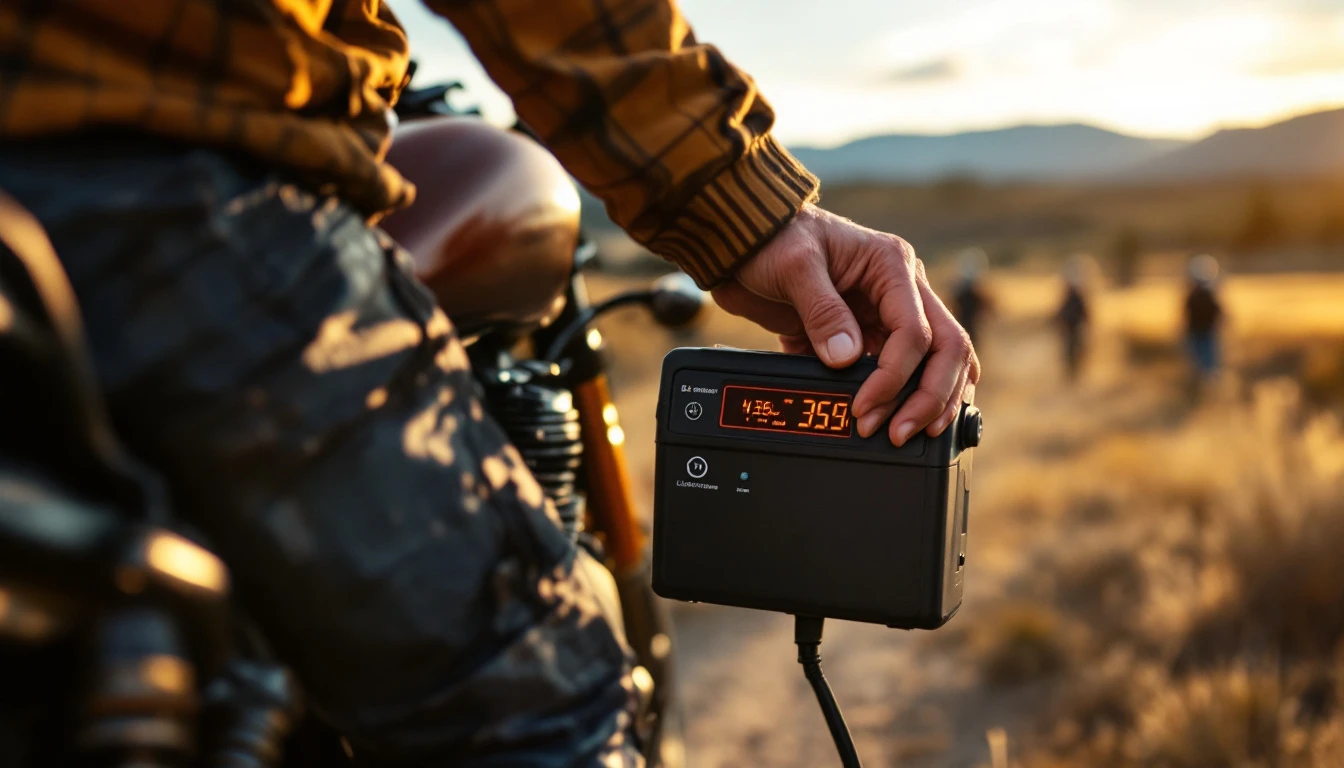 A close-up shot shows a hand connecting a specialized dual-mode battery charger to a motorcycle battery, highlighting the difference between charging standard AGM and newer lithium-ion types.