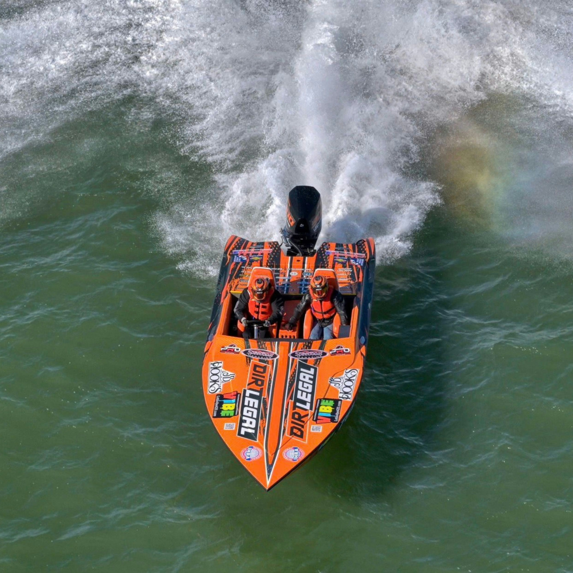 Dirt Legal's #789 Velocity Factory Team race boat seen from above at full speed
