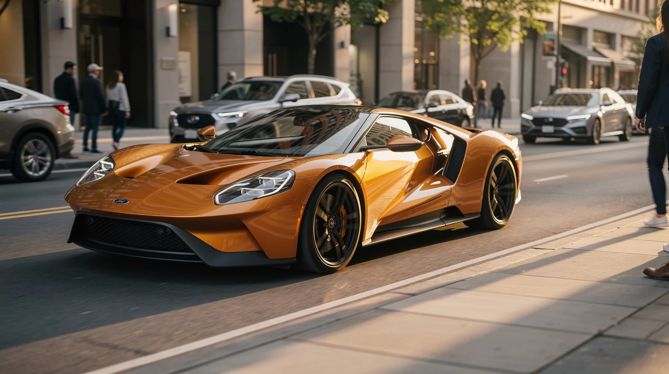 Golden Ford GT supercar with open door parked on urban street