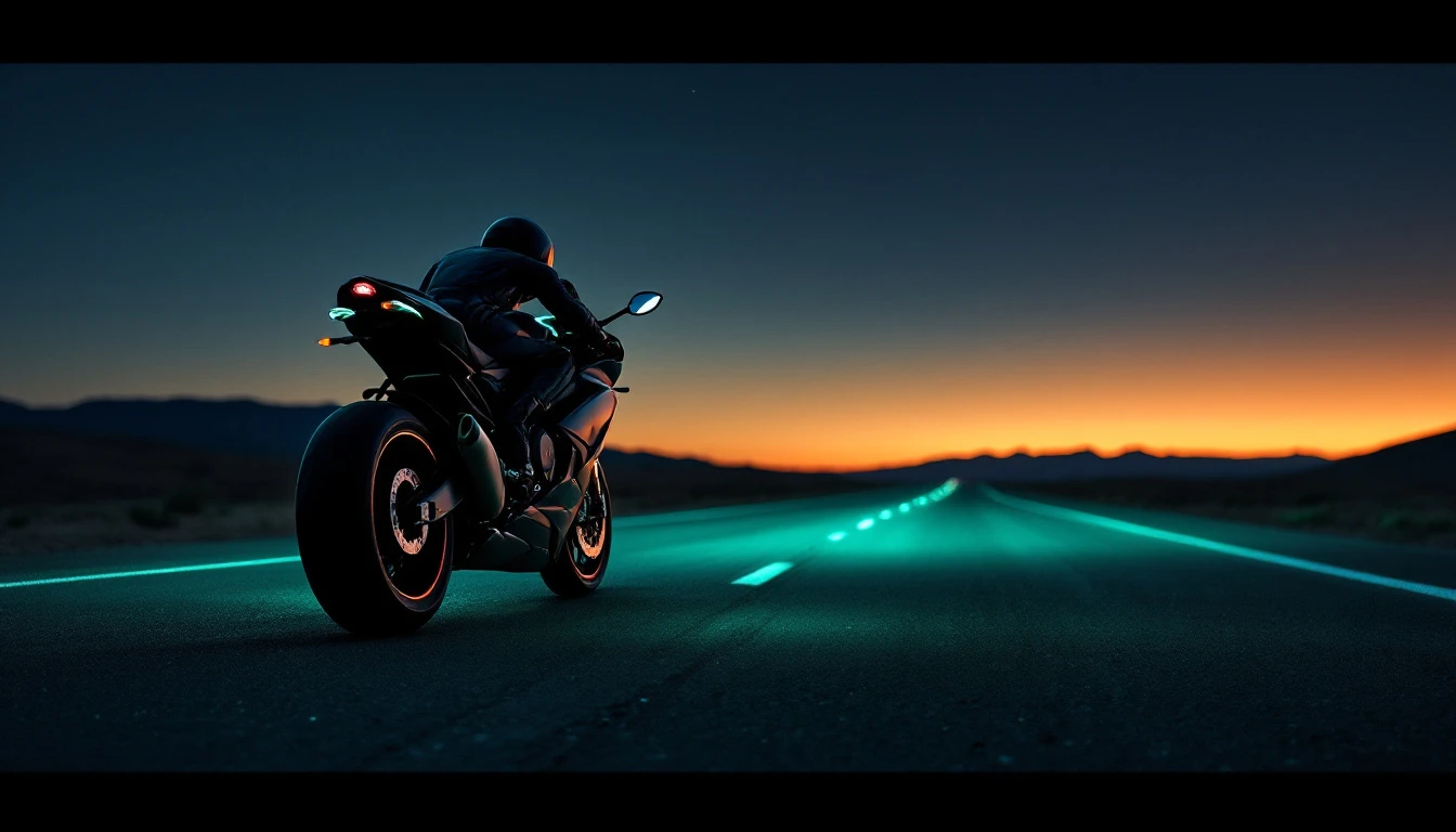 Motorcycle and sports car with neon lights parked on road at dusk for Father's Day gift ideas for motorcycle enthusiasts