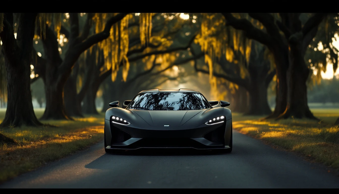 Black supercar driving down tree-lined road, representing elevated vehicle sales tax considerations in Georgia.