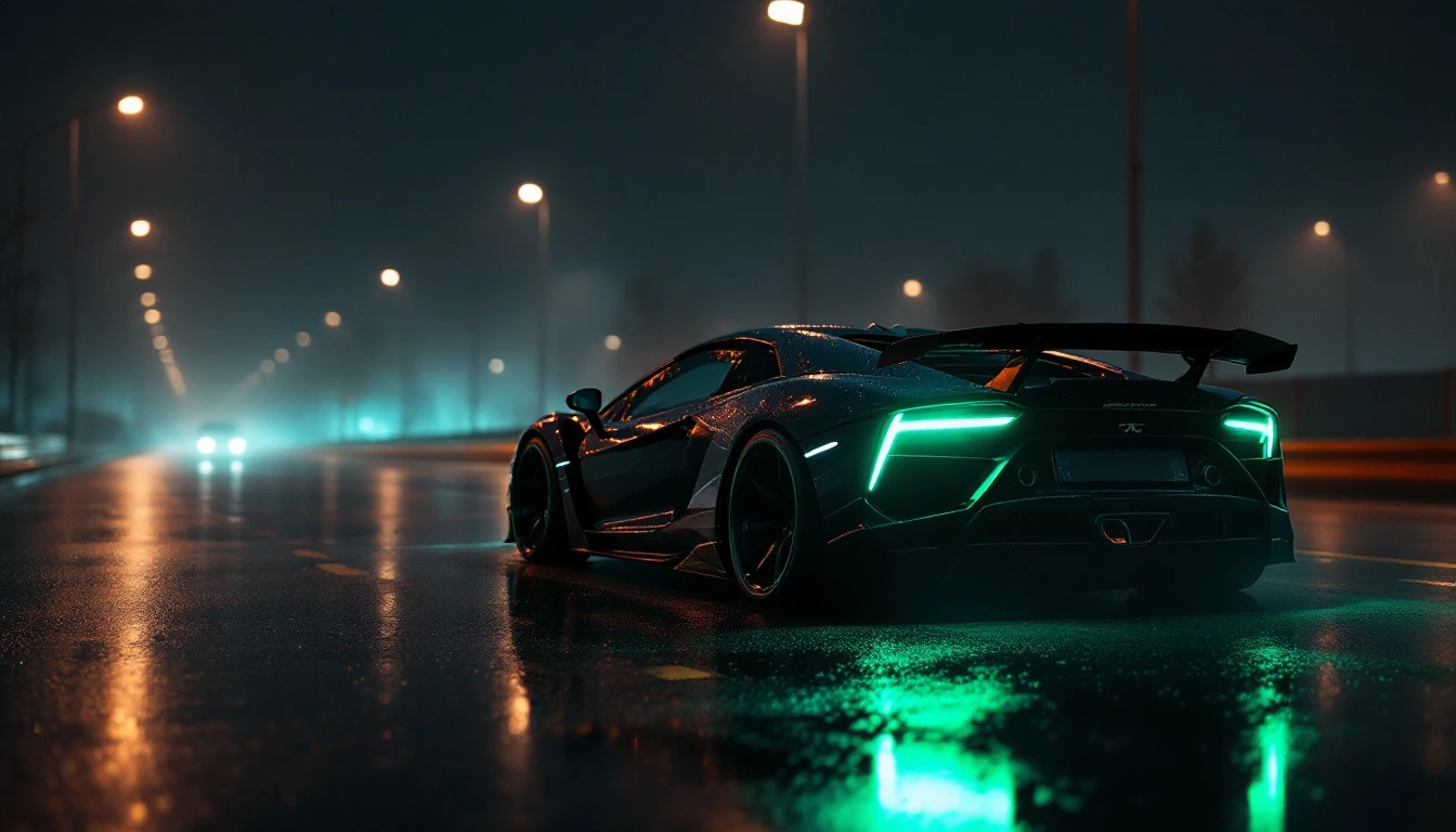 Motorcycle and sports car with glowing lights on road at dusk for Father's Day celebration