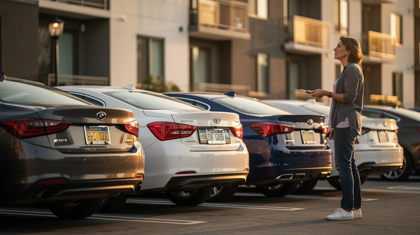Woman inspecting parked sedans in urban lot, considering vehicle registration and ownership options across states.