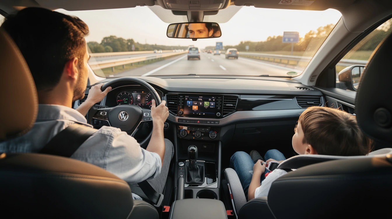 Man driving Volkswagen on highway with passenger, demonstrating safe vehicle control and focus while navigating traffic