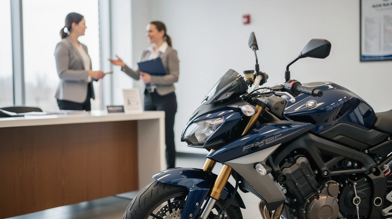 Blue motorcycle on display in office showroom with salespeople discussing bonded title and vehicle registration documents