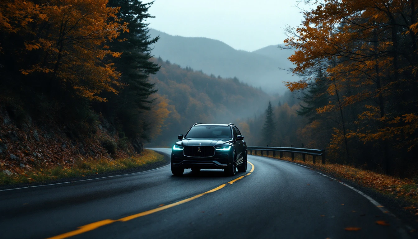 Black elevated SUV driving on scenic mountain road through autumn forest with no sales tax in New Hampshire
