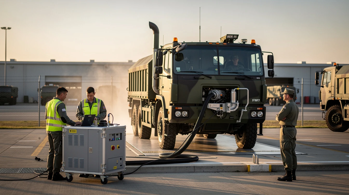 Military truck undergoing emissions testing with portable equipment at industrial facility for regulatory compliance.