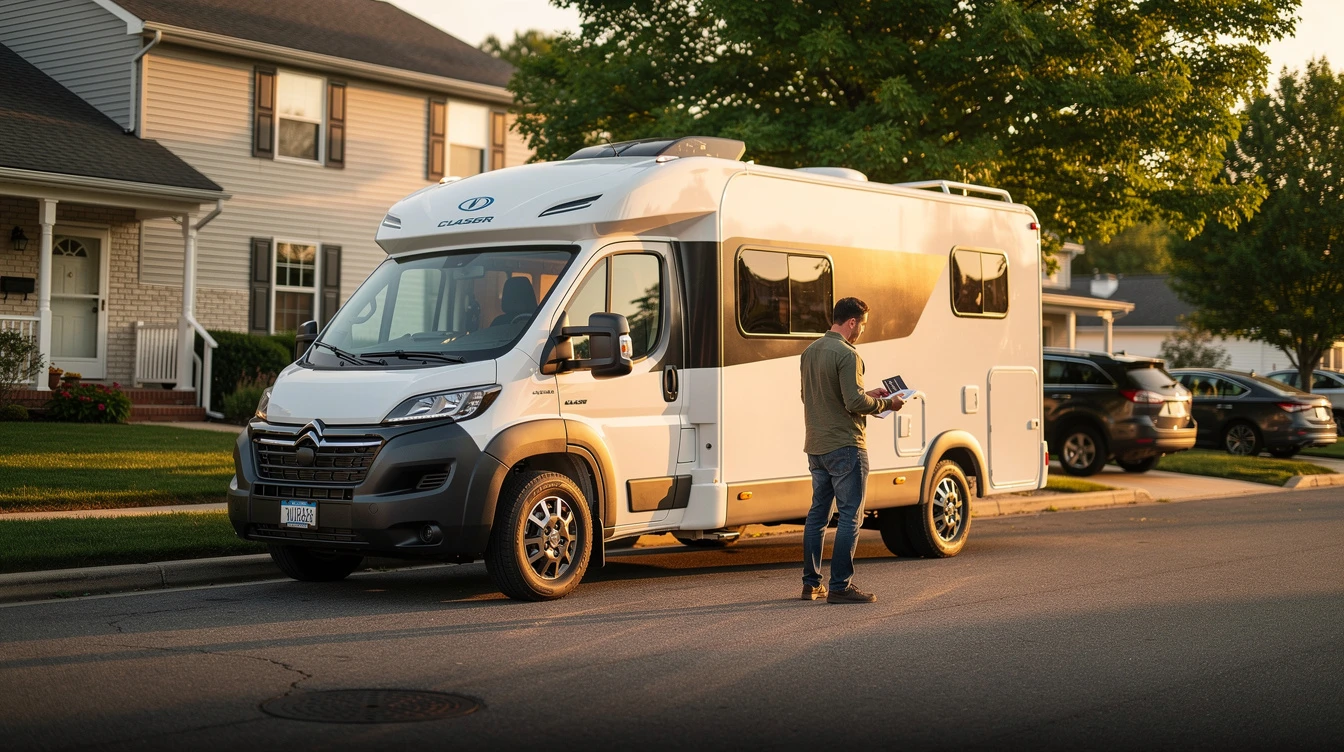 Man checking motorhome registration and license documentation outside residential home parked on street