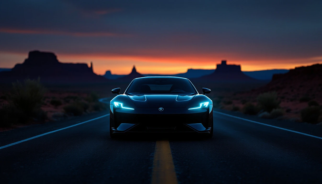 Sleek sports car with glowing headlights driving desert highway at sunset