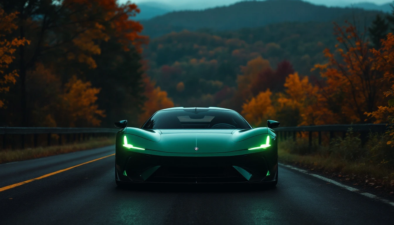 Green sports car driving mountain road in autumn with glowing headlights, Vermont scenic highway landscape