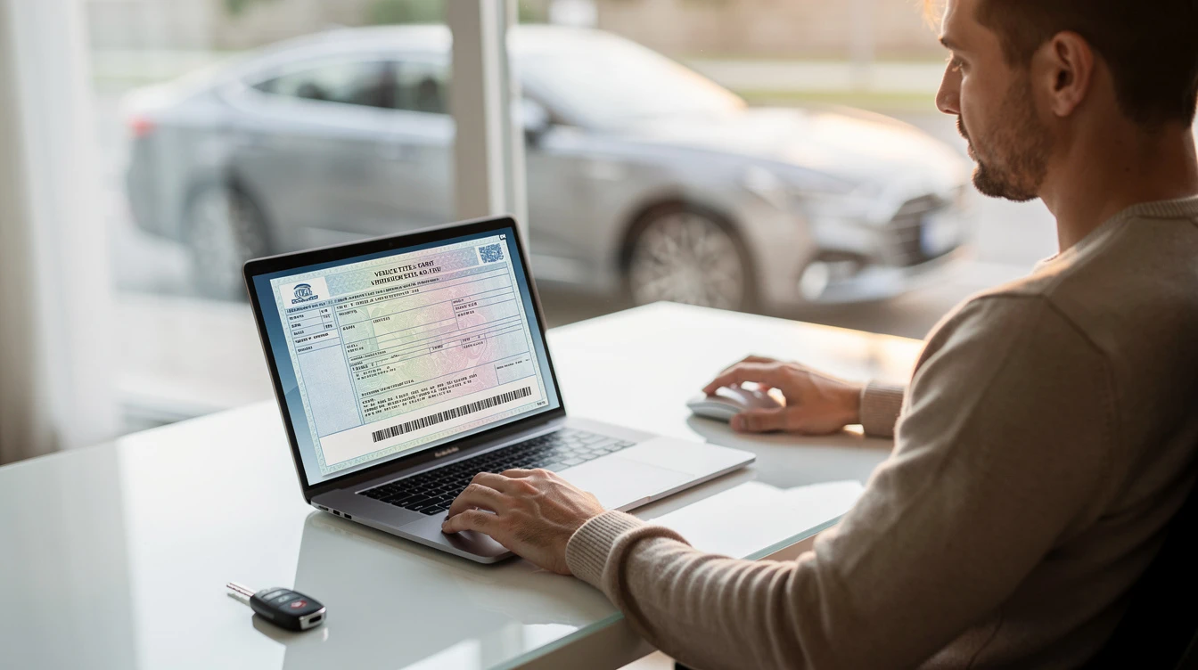 Man viewing car title document on laptop at desk with vehicles visible outside window