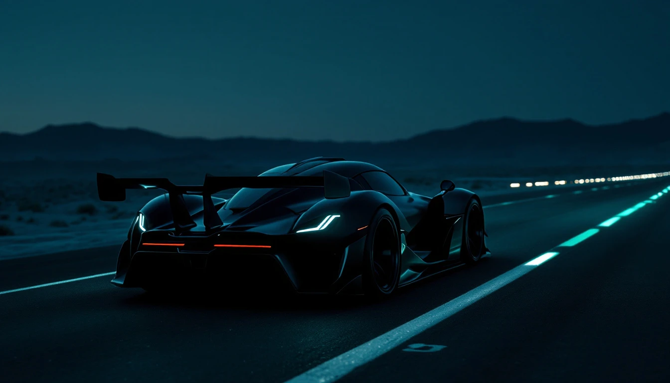 Sleek supercar racing at night on illuminated highway with mountains