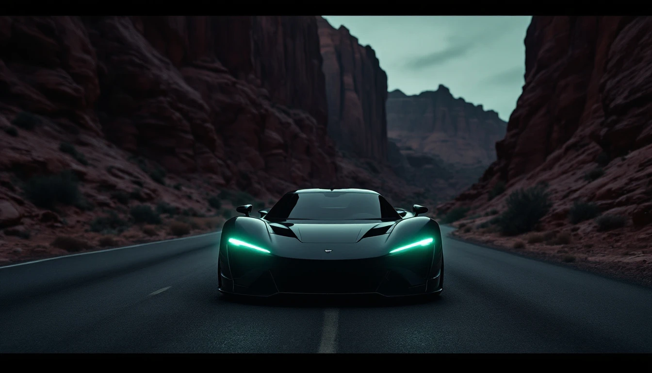 Sleek sports car with glowing green headlights driving through desert canyon road