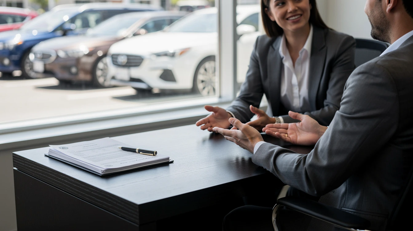 Car salesman discussing vehicle title transfer with customer at dealership showroom with cars displayed