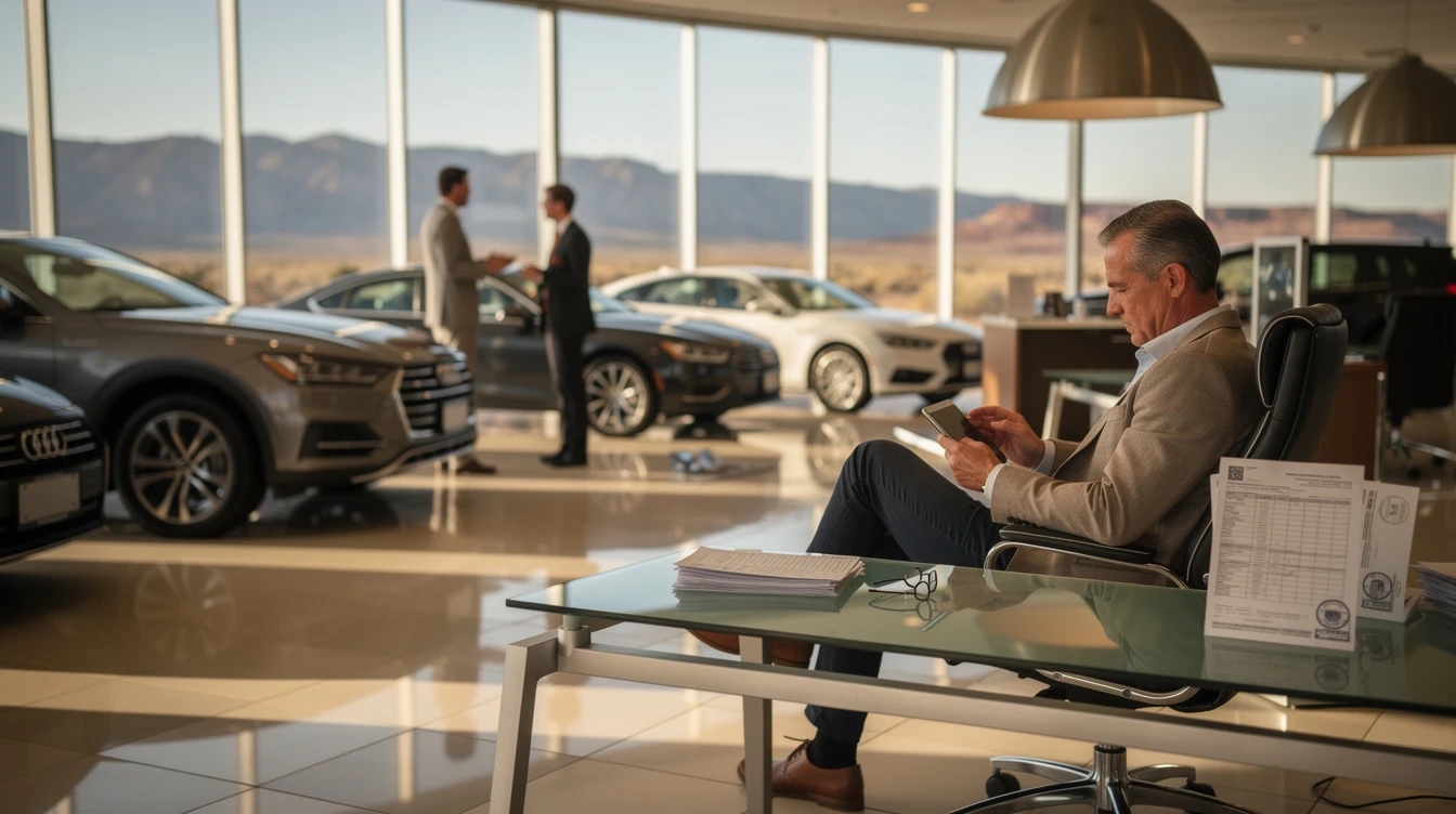 Businessman reviewing vehicle purchase documents at elevated car dealership showroom with sales staff and automobiles