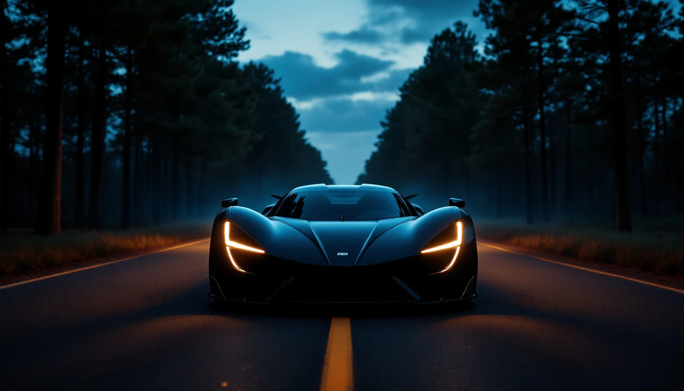 Black sports car driving on straight forest road at dusk with headlights on, illustrating highway safety compliance.