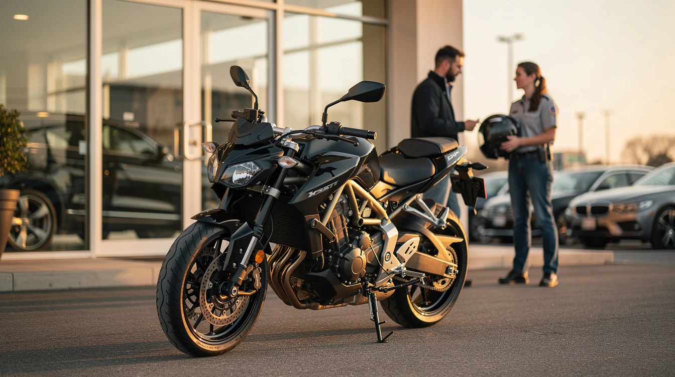 Black and gold motorcycle displayed at dealership with couple discussing purchase in background