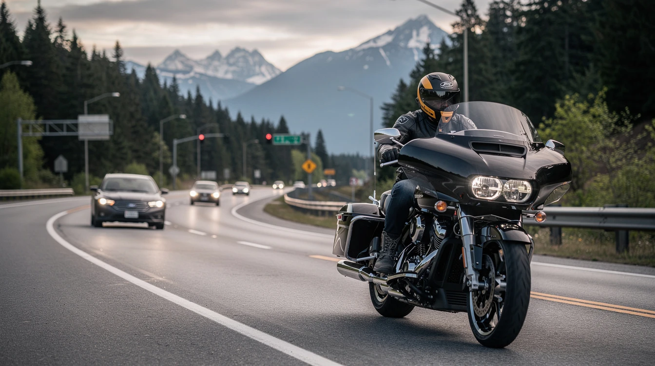 Black motorcycle with windshield cruising on Washington highway with snow-capped mountains and evergreen forests