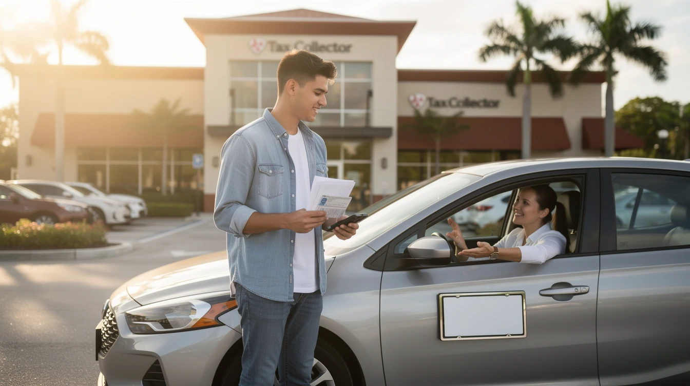 Young man holding registration documents at car window with female driver in Florida parking lot