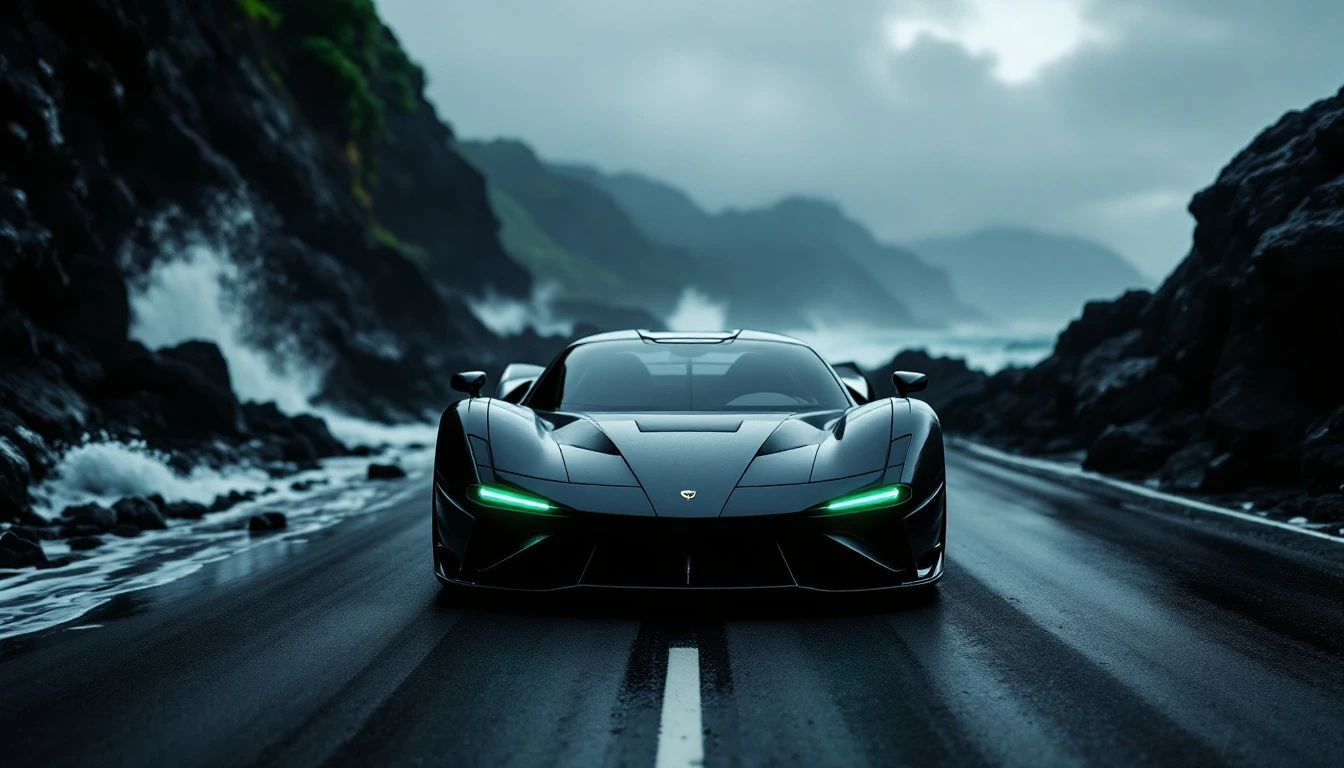 Sleek sports car driving on wet coastal highway with dramatic rocky cliffs and ocean waves in background