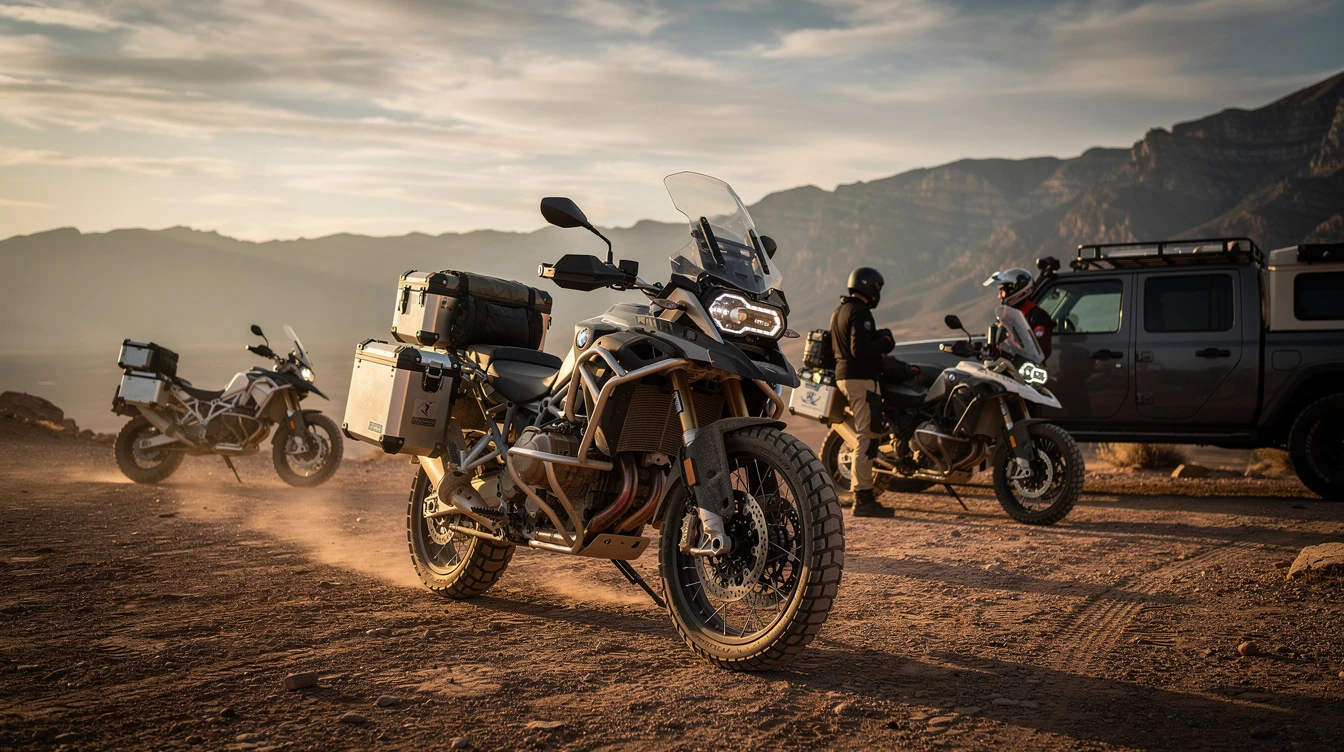 Adventure motorcyclists with expensive overland expedition bikes and support vehicles gathered at desert mountain camp