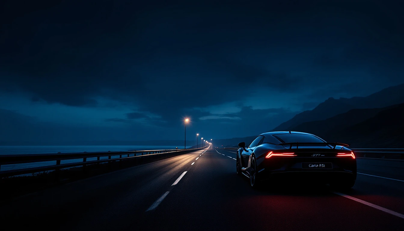 Sleek sports car driving on illuminated highway bridge at dusk during autumn evening road trip adventure.