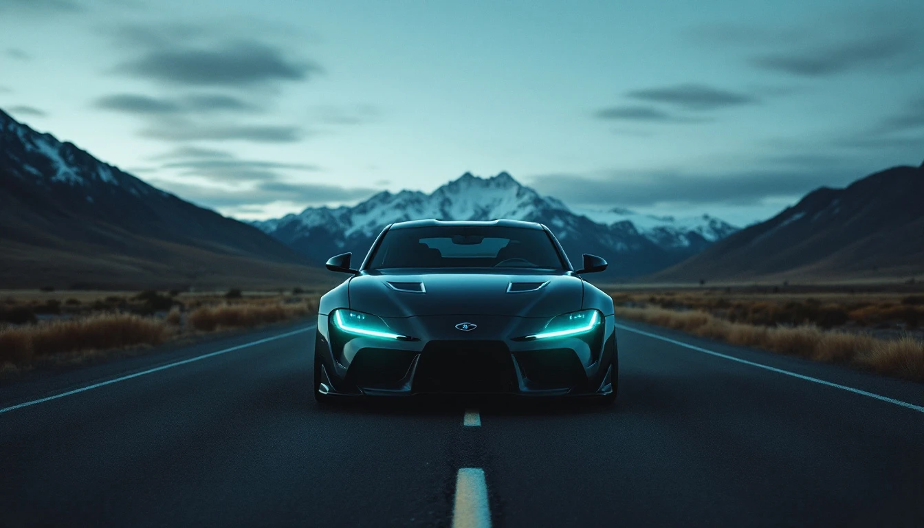 Modern sports car driving on straight highway road through mountains at dusk, Montana driving laws concept.