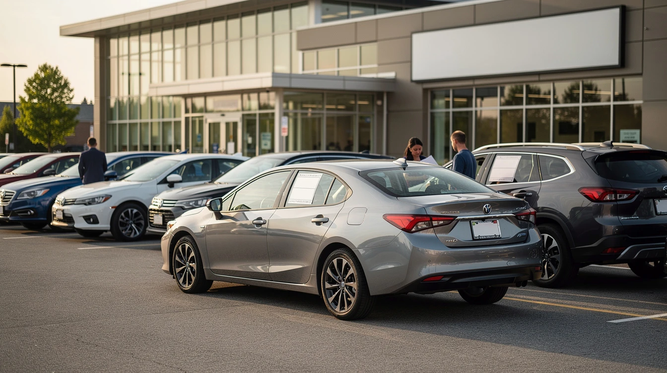 Toyota vehicles displayed at dealership lot with temporary registration tags visible on windshields