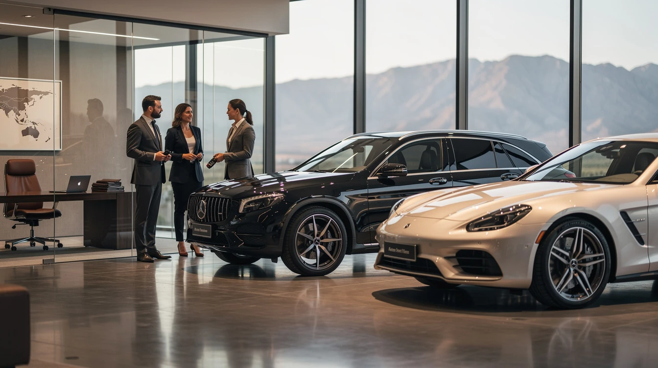 Elevated sports cars displayed in modern showroom with professionals discussing vehicle registration and ownership