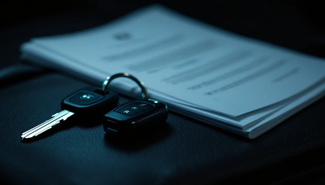 Car keys and vehicle registration documents on dark surface, representing out-of-state vehicle registration process