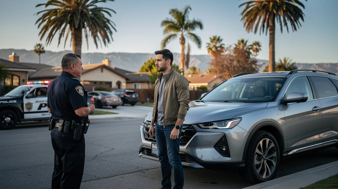 Police officer conducting traffic stop of SUV in California residential neighborhood with palm trees