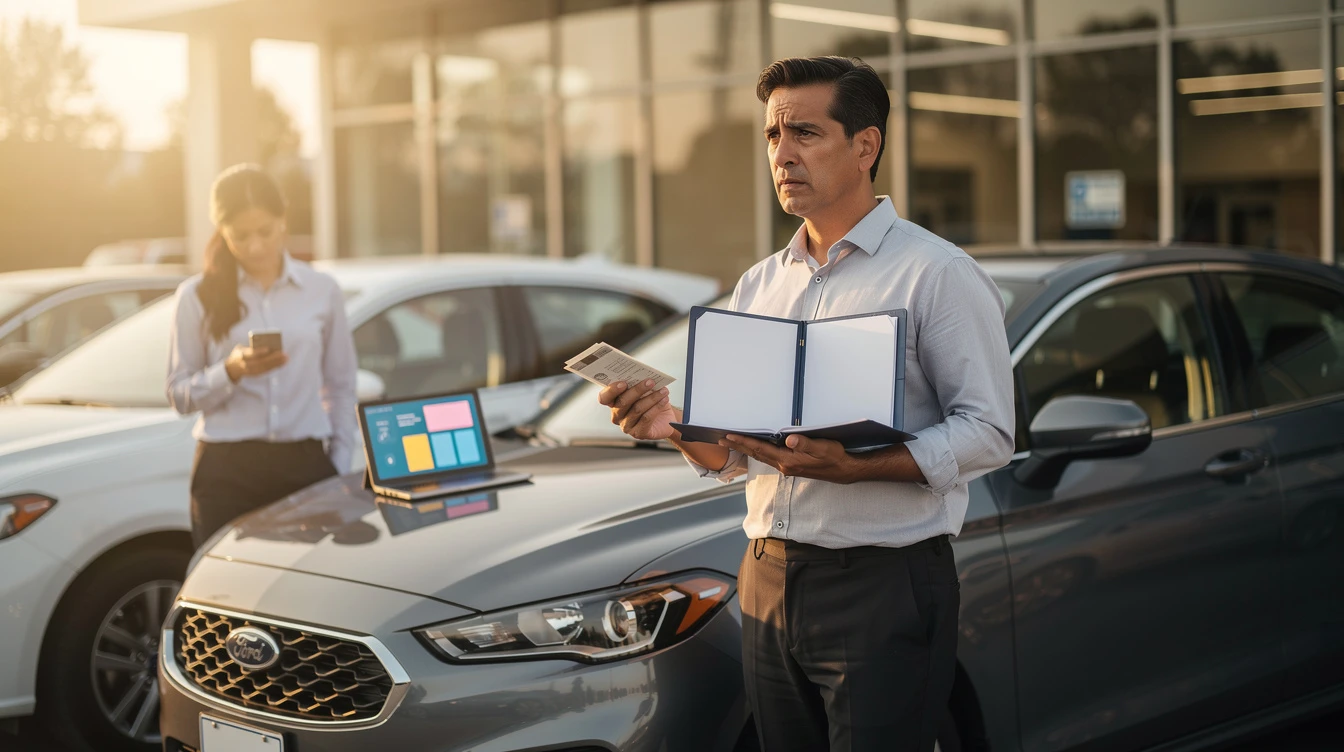 Car salesman reviewing VIN documentation at dealership lot to verify vehicle history and title authenticity before purchase.
