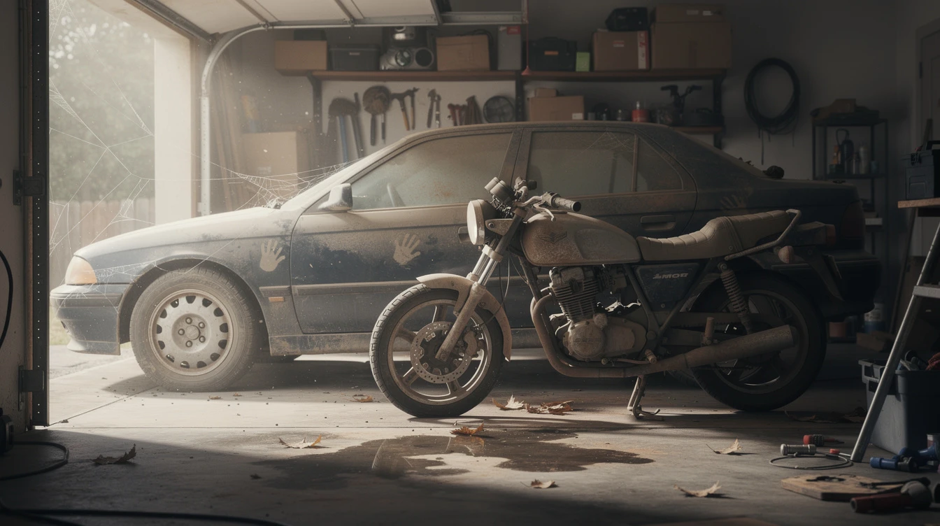 Abandoned motorcycle and dusty car stored long-term in neglected garage workshop space