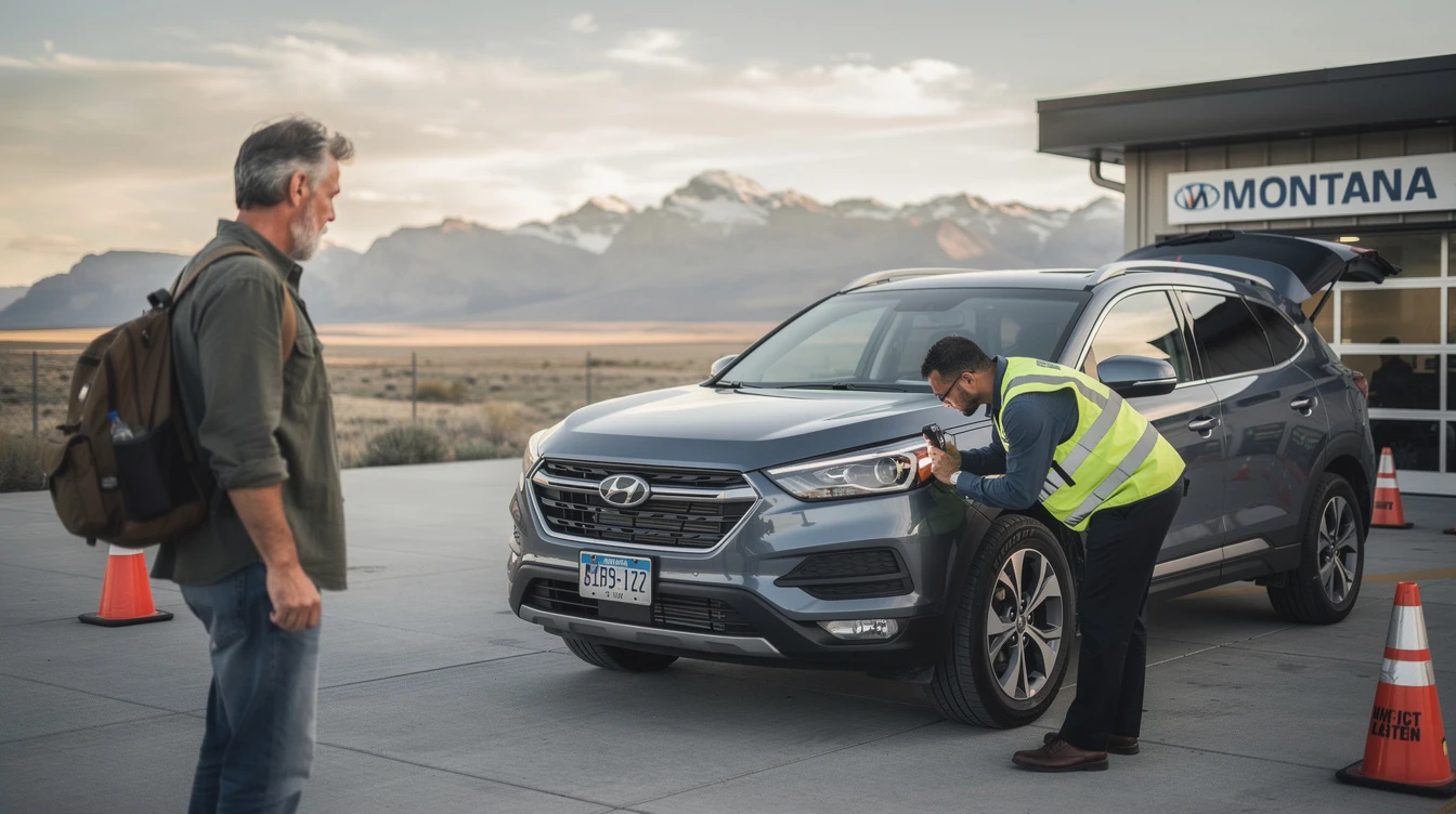Montana VIN inspection officer examining Hyundai SUV license plate at inspection station with mountains in background