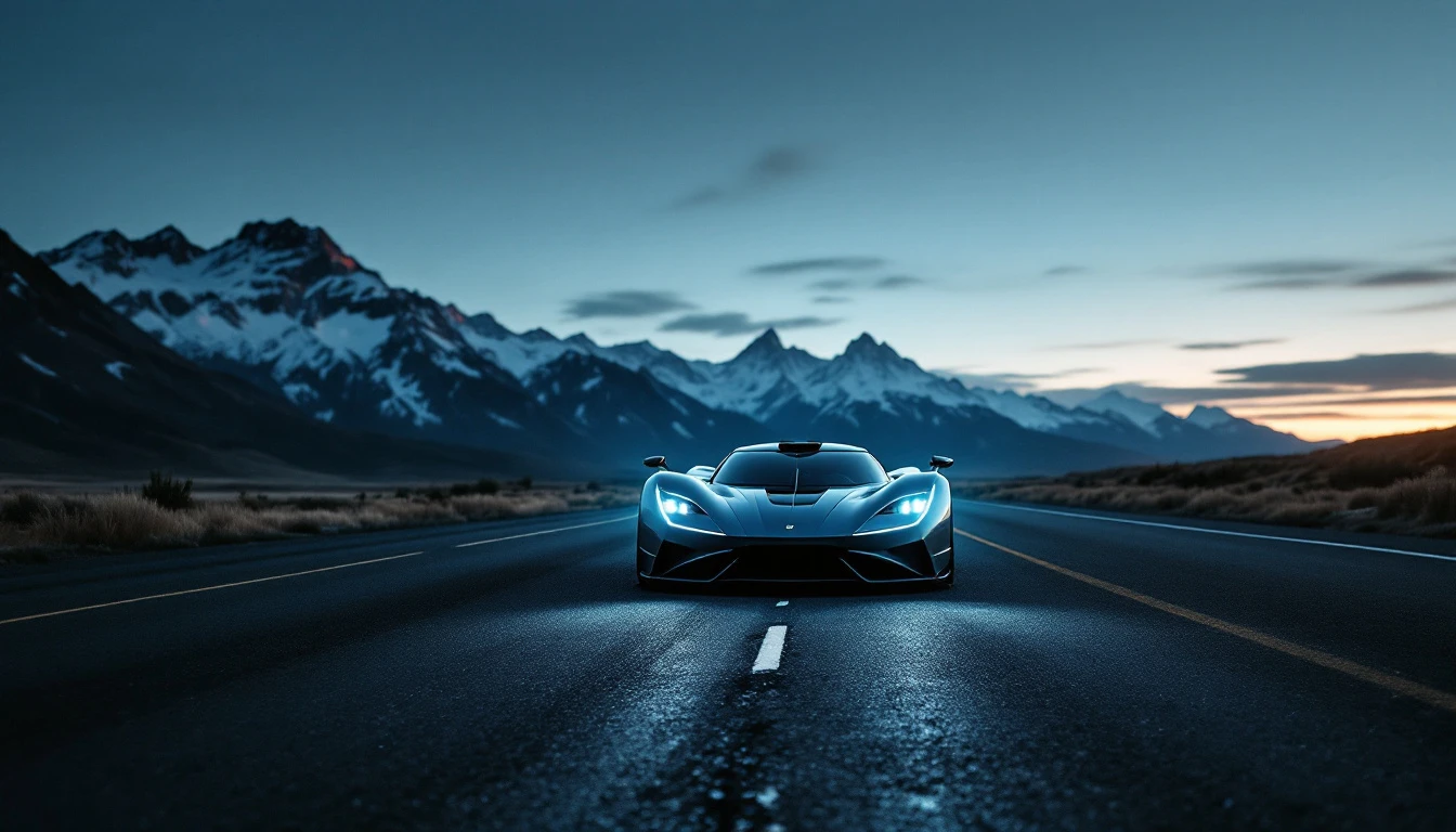 Red exotic sports car driving mountain highway with snow-capped peaks