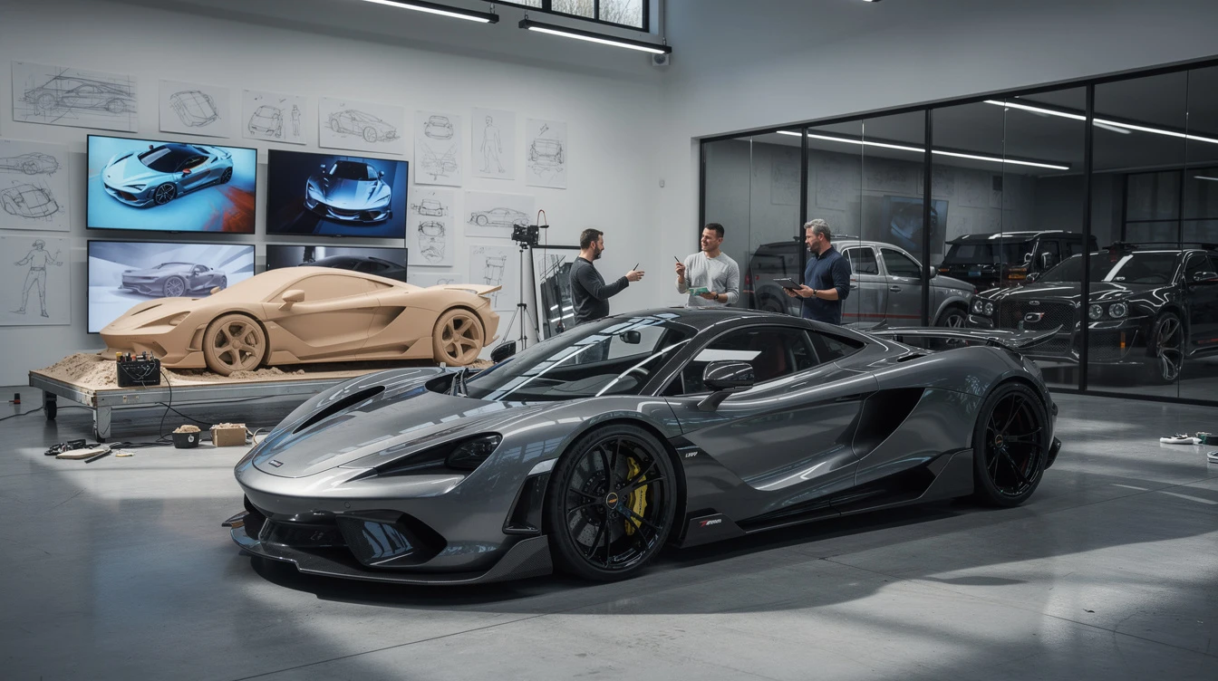 Modern supercar design studio with gray sports car, clay model prototype