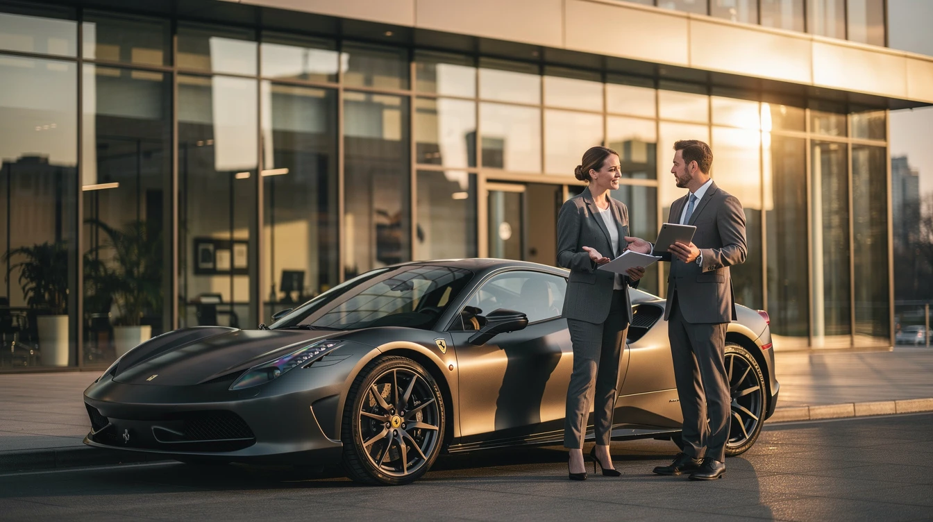 Two business professionals discussing elevated exotic sports car registration outdoors near modern glass building at sunset