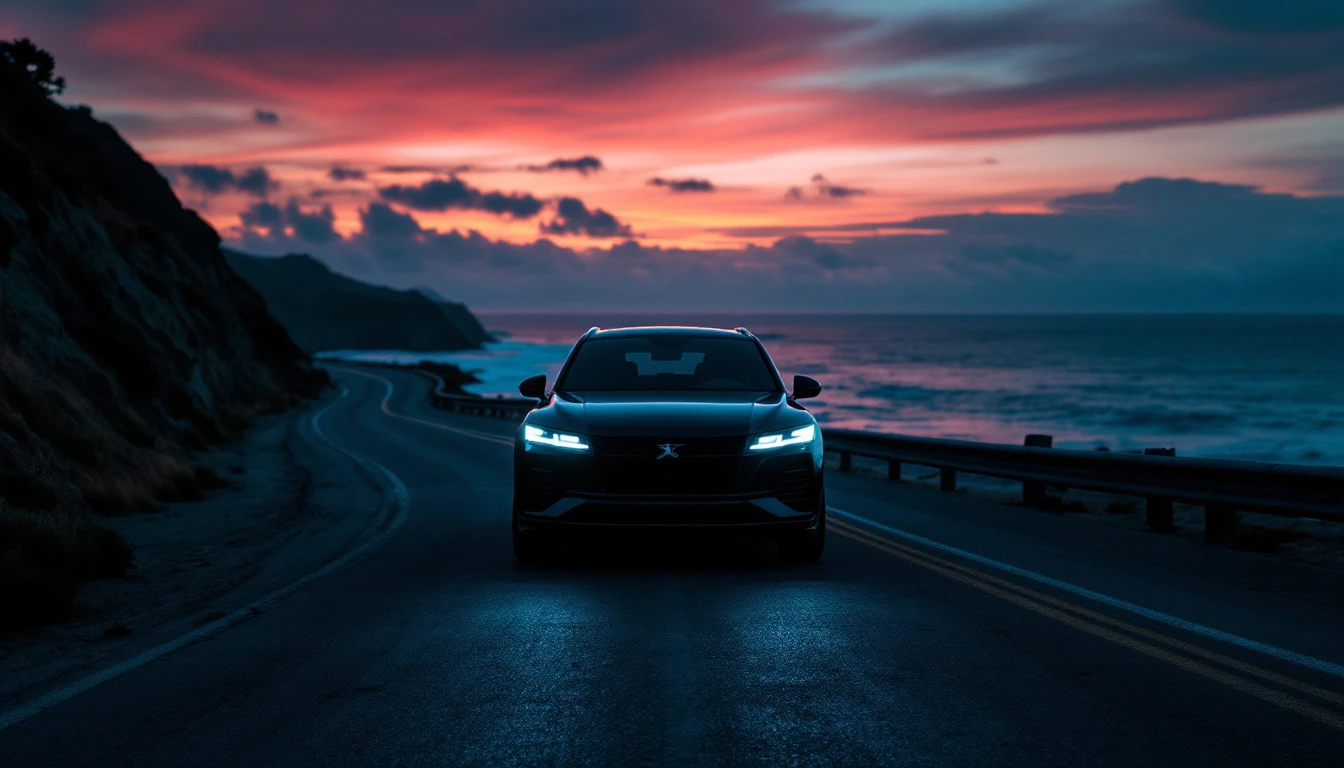 Black sedan driving coastal highway at sunset, California vehicle purchase and sales tax concept