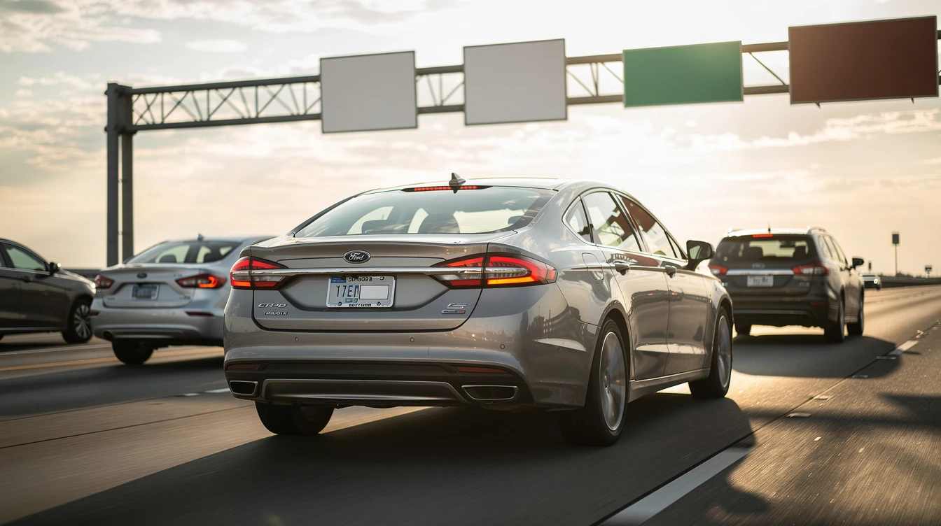 Black Honda Fluent sedan driving on interstate highway under green directional signs during daytime traffic.