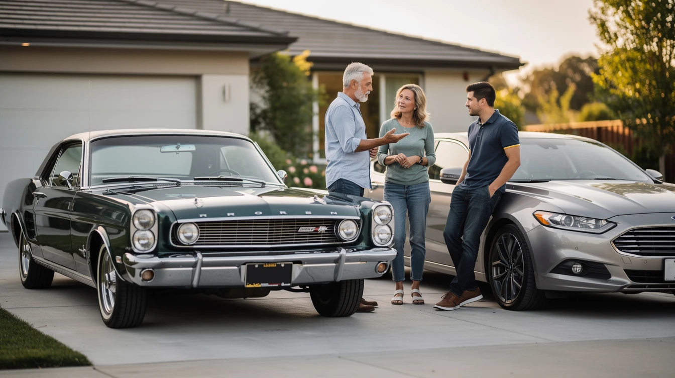 Family discussing classic car insurance coverage in driveway with vintage and modern vehicles