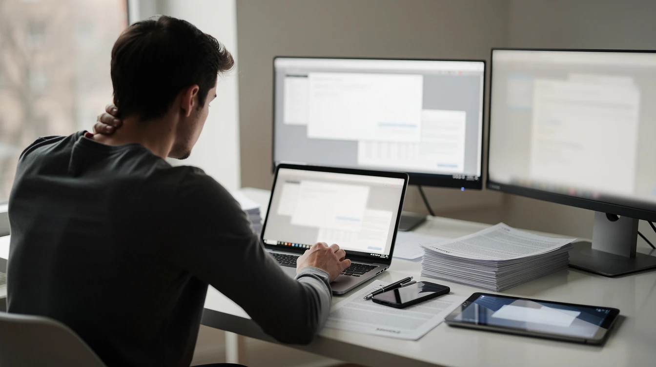 Man working at desk with multiple screens and devices, reviewing complex documentation and paperwork for vehicle