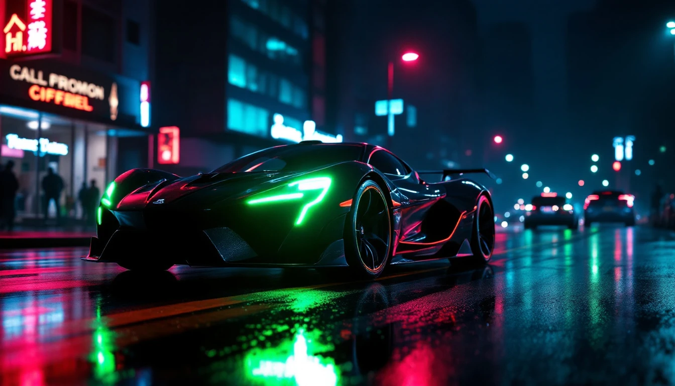 Futuristic neon green sports car on wet city street at night