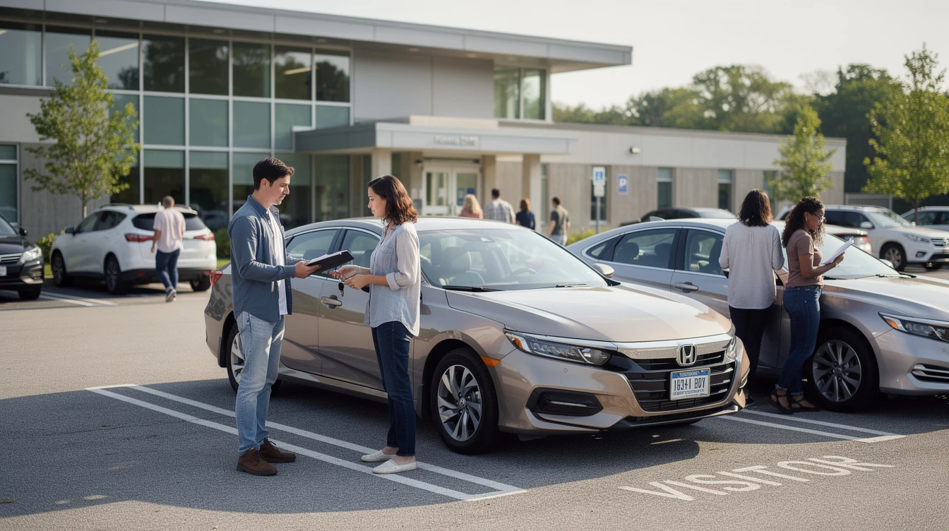 Buyer and seller exchanging documents at Honda car in dealership parking lot