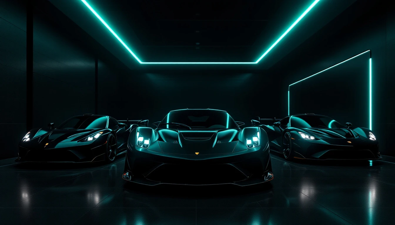 Elevated supercars displayed in neon-lit garage showcasing automotive collections driving modern car culture creator economy.