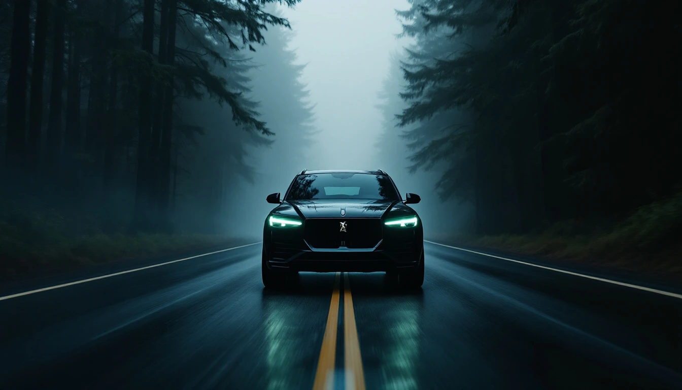 Elevated sedan driving through misty forest highway, representing affordable vehicle purchasing in Oregon with no sales tax